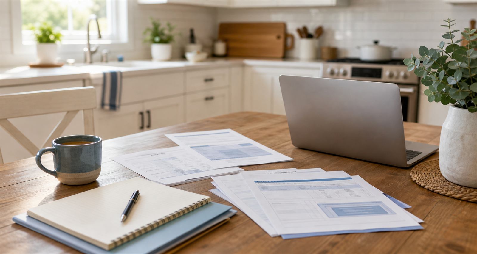 Mortgage paperwork and a calculator on a kitchen table
